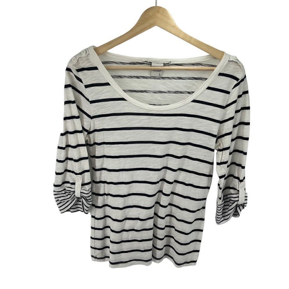 American Rag Women's Stripes Button Tab Sleeve Blouse Top White Black Size Large